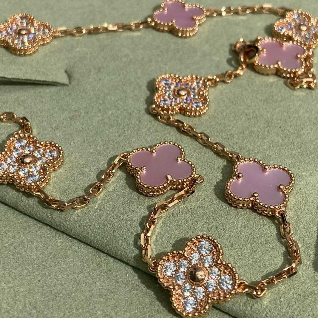 [LUCKY LOVE]CLOVER 10 MOTIFS DIAMOND PINK MOP NECKLACE
