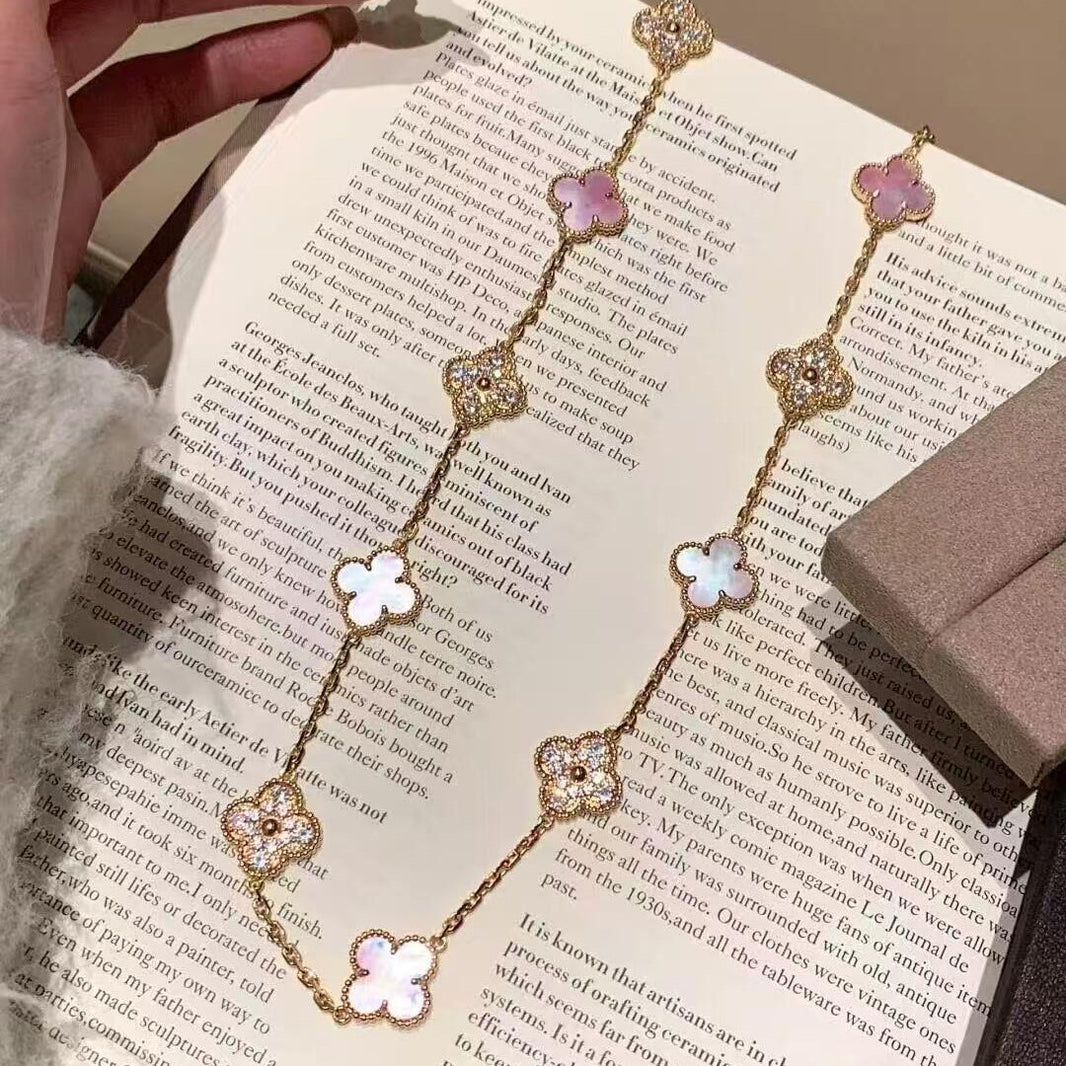 [LUCKY LOVE]CLOVER 20 MOTIFS DIAMOND PINK MOP NECKLACE
