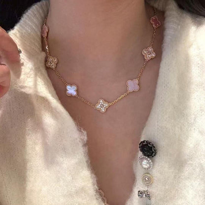 [LUCKY LOVE]CLOVER 10 MOTIFS DIAMOND PINK MOP NECKLACE