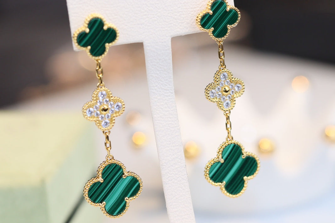 [LUCKY LOVE]CLOVER EARRINGS GOLD MALACHITE DIAMOND 3 MOTIF