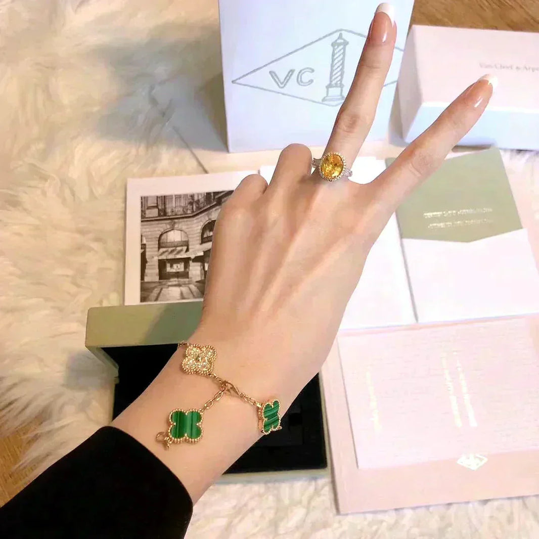 [LUCKY LOVE]CLOVER  5 MOTIF MALACHITE DIAMOND BRACELET