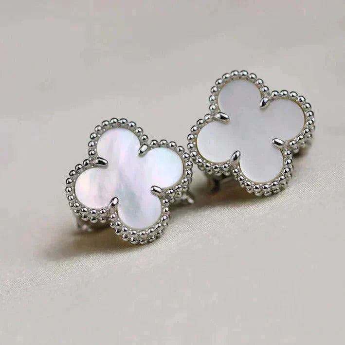 [LUCKY LOVE]CLOVER MEDIUM 1 MOTIFS  WHITE MOP EARRINGS SILVER