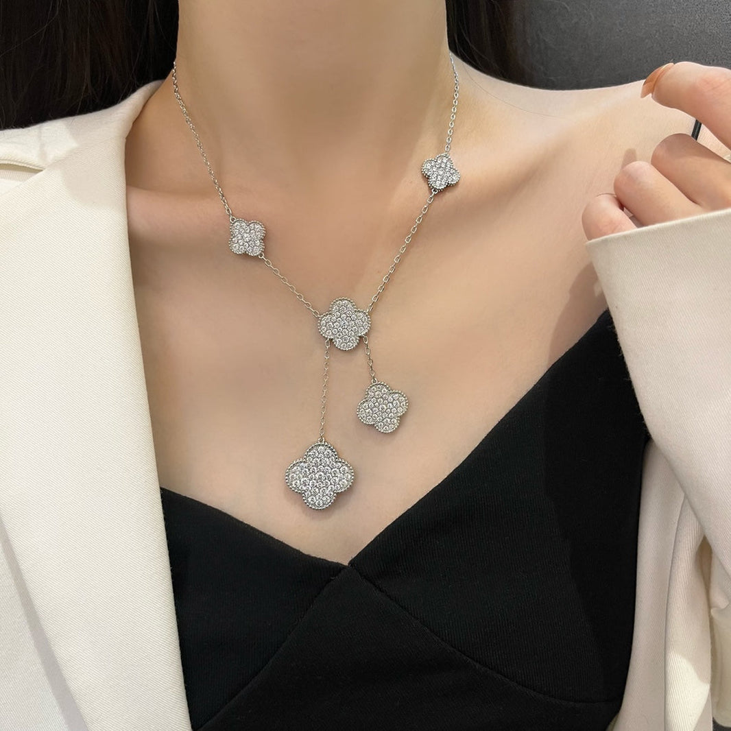 [LUCKY LOVE]CLOVER 5 MOTIFS SILVER DIAMONDS NECKLACE