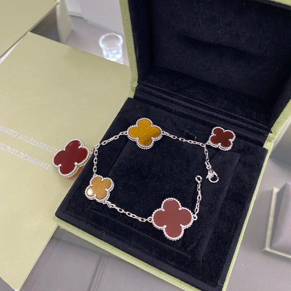 [LUCKY LOVE]CLOVER 5 MOTIFS SIVLER CARNELIAN TIGER EYE BRACELET