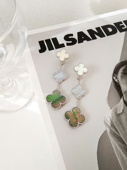 [LUCKY LOVE]CLOVER 3 MOTIFS CHALCEDONY DARK MOP SILVER EARRINGS