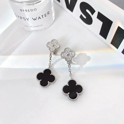 [LUCKY LOVE]CLOVER 2 MOTIFS  DIAMOND ONYX EARRINGS SILVER