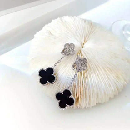 [LUCKY LOVE]CLOVER 2 MOTIFS  DIAMOND ONYX EARRINGS SILVER