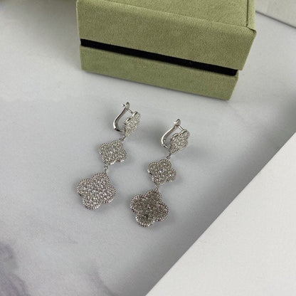 [LUCKY LOVE]CLOVER 3 MOTIF DIAMOND SILVER DROP EARRINGS
