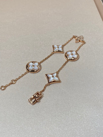 [LUCKY LOVE]STAR AND SUN 5 MOTIF MOP PINK GOLD BRACELET