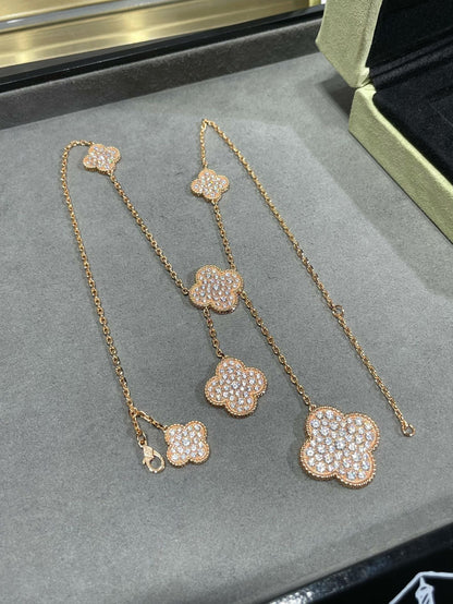 [LUCKY LOVE]CLOVER 6 MOTIF DIAMOND PAVED NECKLACE