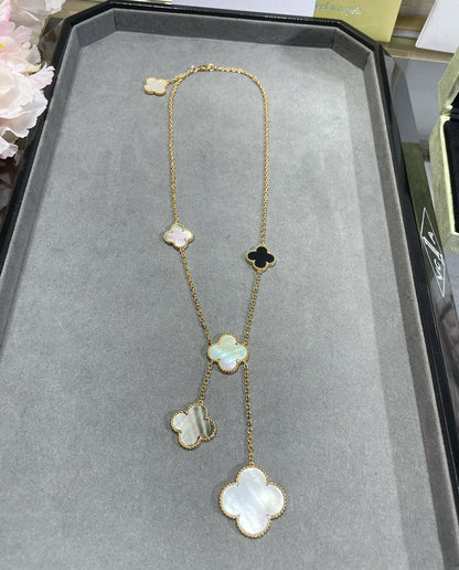 [LUCKY LOVE]CLOVER 6 MOTIF MOP ONYX GOLD NECKLACE