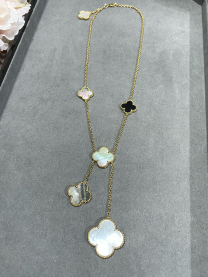 [LUCKY LOVE]CLOVER 6 MOTIF MOP ONYX GOLD NECKLACE