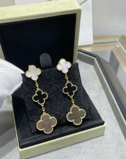 [LUCKY LOVE]CLOVER 3 MOTIF MOP ONYX DARK MOP PINK GOLD EARRINGS