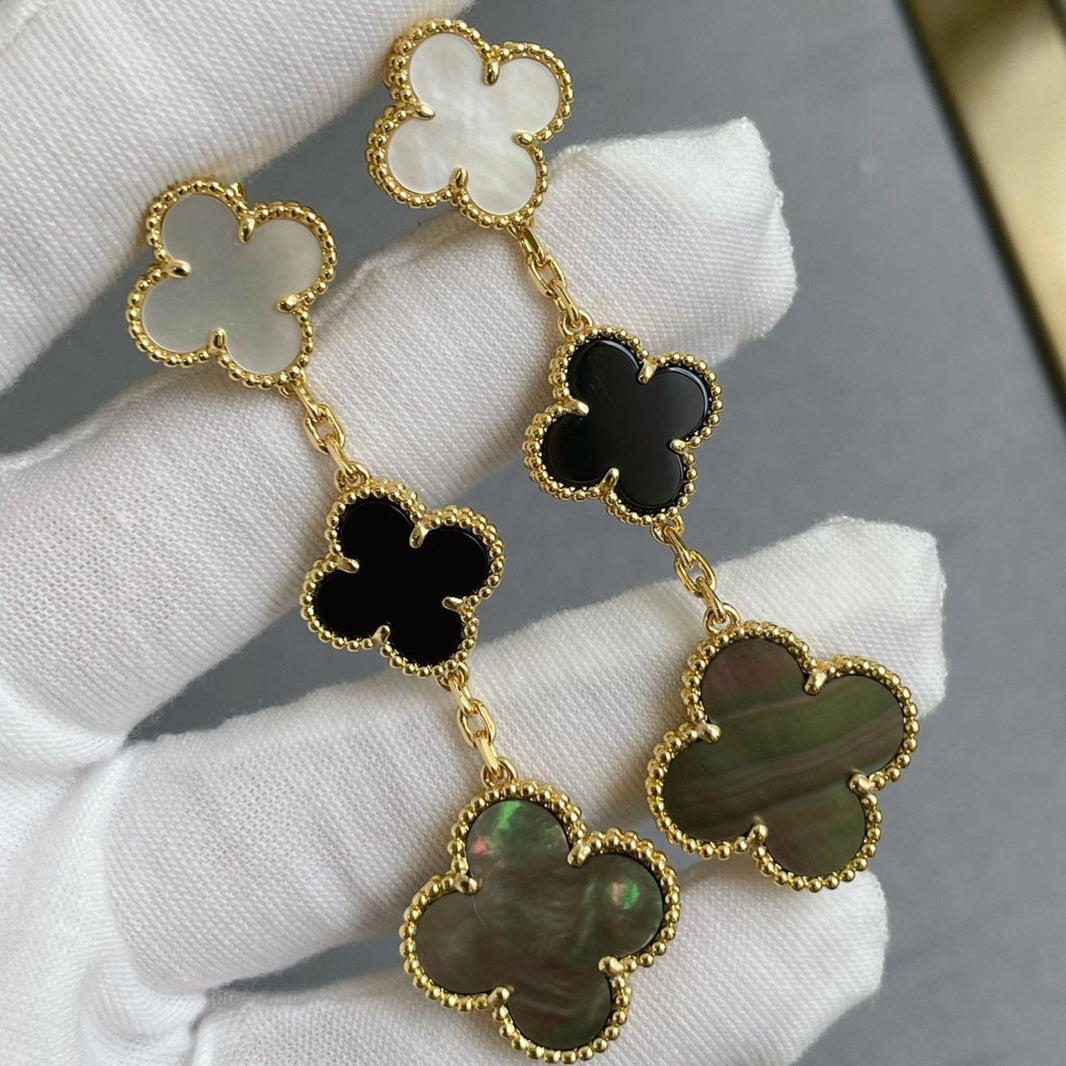 [LUCKY LOVE]CLOVER 3 MOTIF MOP ONYX DARK MOP PINK GOLD EARRINGS