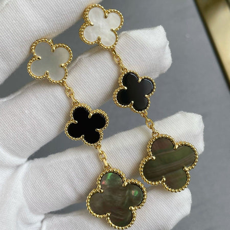 [LUCKY LOVE]CLOVER 3 MOTIF MOP ONYX DARK MOP PINK GOLD EARRINGS
