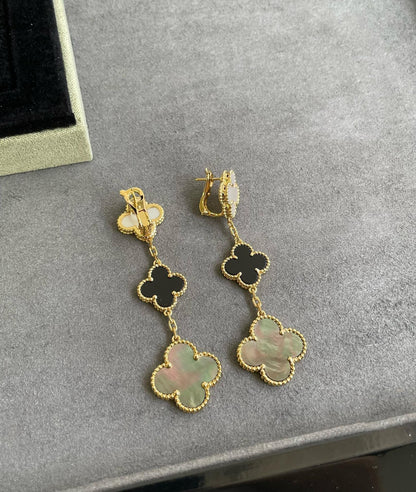 [LUCKY LOVE]CLOVER 3 MOTIF MOP ONYX DARK MOP PINK GOLD EARRINGS