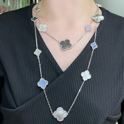 [LUCKY LOVE]CLOVER 16 MOTIF CHALCEDONY MOP SILVER NECKLACE