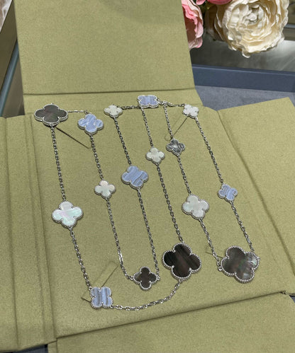 [LUCKY LOVE]CLOVER 16 MOTIF CHALCEDONY MOP SILVER NECKLACE