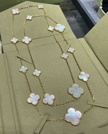 [LUCKY LOVE]CLOVER 16 MOTIF WHITE MOP GOLD NECKLACE