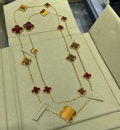 [LUCKY LOVE]CLOVER 16 MOTIF CARNELIAN TIGER EYE ROSE GOLD NECKLACE