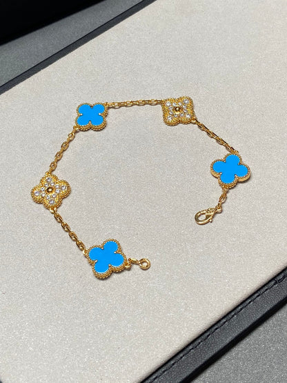 [LUCKY LOVE]CLOVER 5 MOTIF BLUE CHALCEDONY DIAMOND GOLD BRACELET