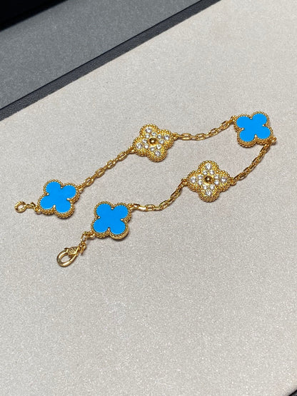 [LUCKY LOVE]CLOVER 5 MOTIF BLUE CHALCEDONY DIAMOND GOLD BRACELET