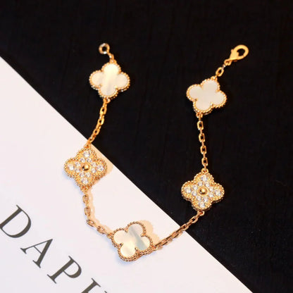 [LUCKY LOVE]CLOVER WHITE PEARL MOP 5 MOTIF BRACELET COLLECTION