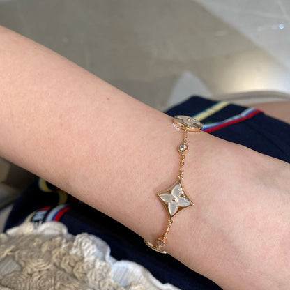 [LUCKY LOVE]STAR AND SUN 4 MOTIF WHITE MOP PINK GOLD BRACELET