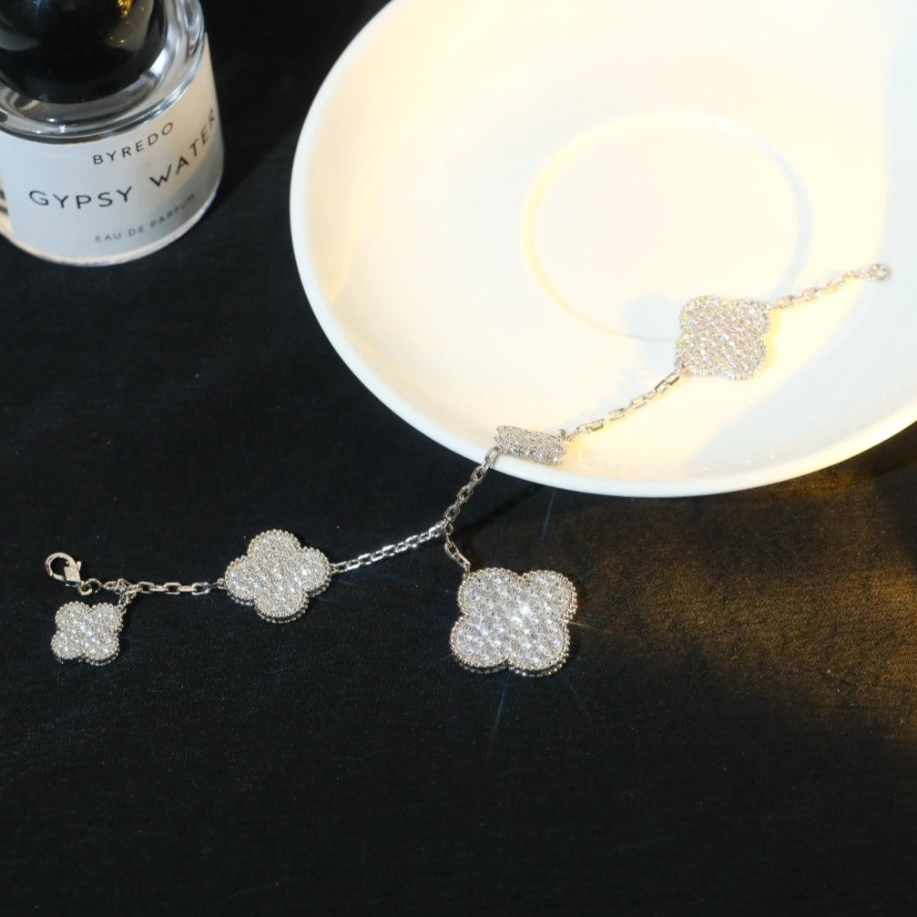 [LUCKY LOVE]CLOVER BRACELET 5 MOTIF SILVER DIAMOND PAVED
