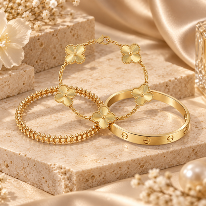 [LoveLucky] CLASH & Clover Laser 5-Motif & LOVE Brushed Bracelet Stack Set