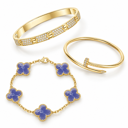 [LoveLucky] LOVE & JUSTE & Blue Veins Clover 5-Motif Diamond Bracelet Stack Set