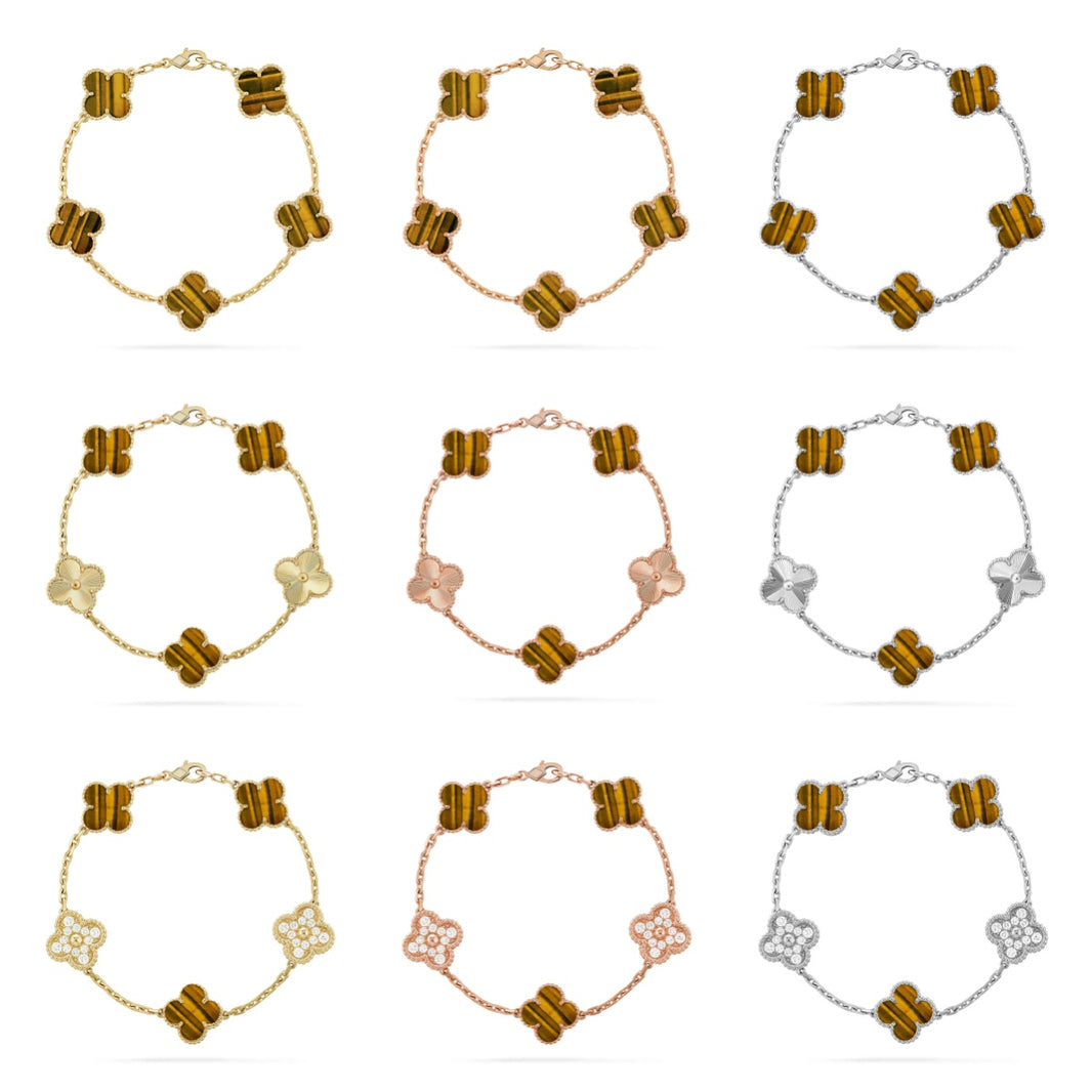 [LUCKY LOVE] CLOVER 5 MOTIFS TIGER EYE BRACELET COLLECTION