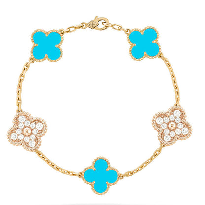 [LUCKY LOVE]CLOVER 5 MOTIF TURQUOISE DIAMOND GOLD BRACELET