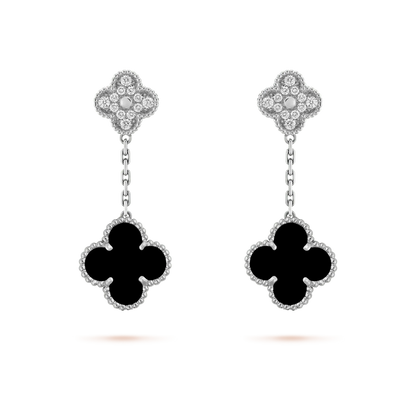 [LUCKY LOVE]CLOVER 2 MOTIFS  DIAMOND ONYX EARRINGS SILVER