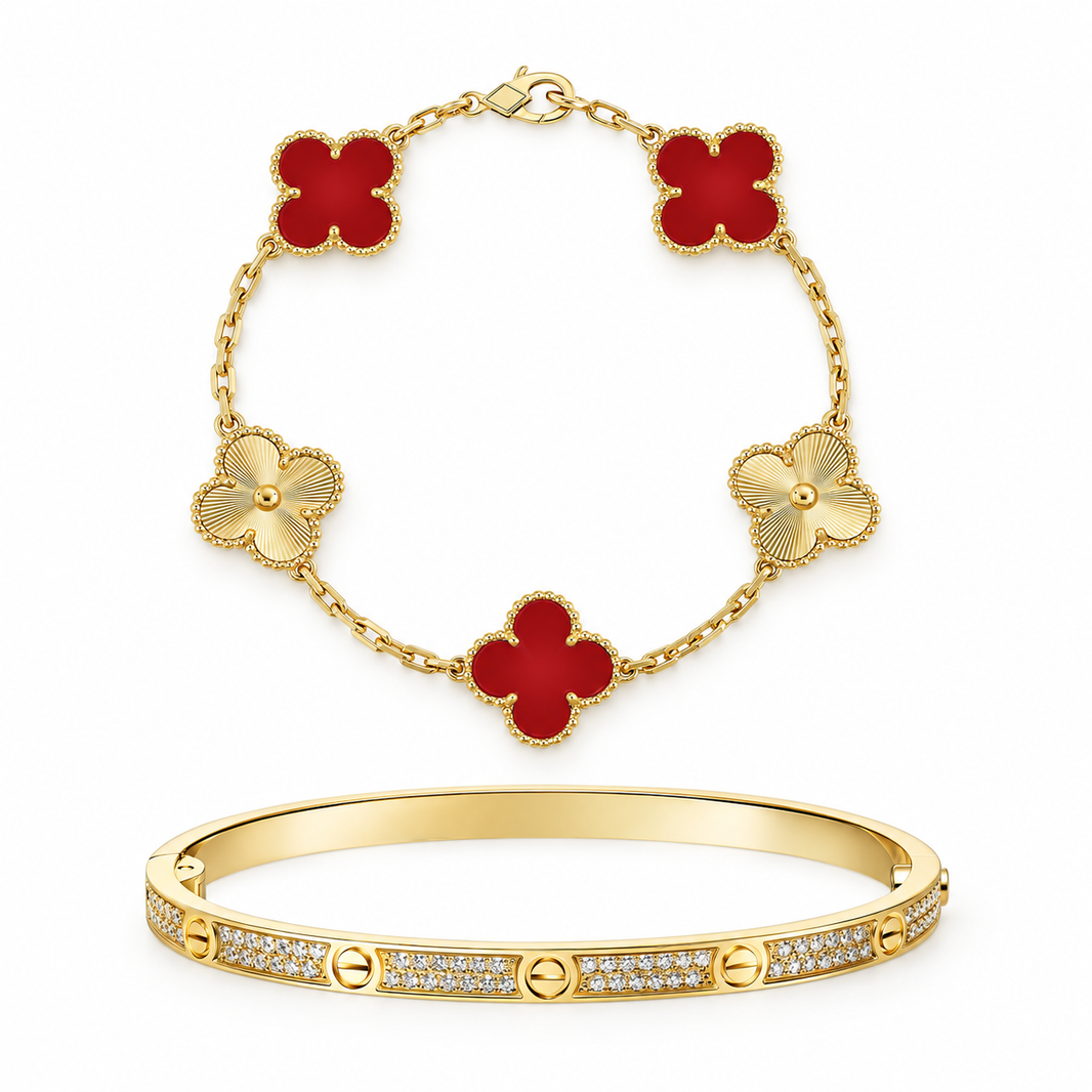 [LoveLucky]Clover & Love Diamond-Paved Radiant Line 2-Piece Bracelet Stack Set