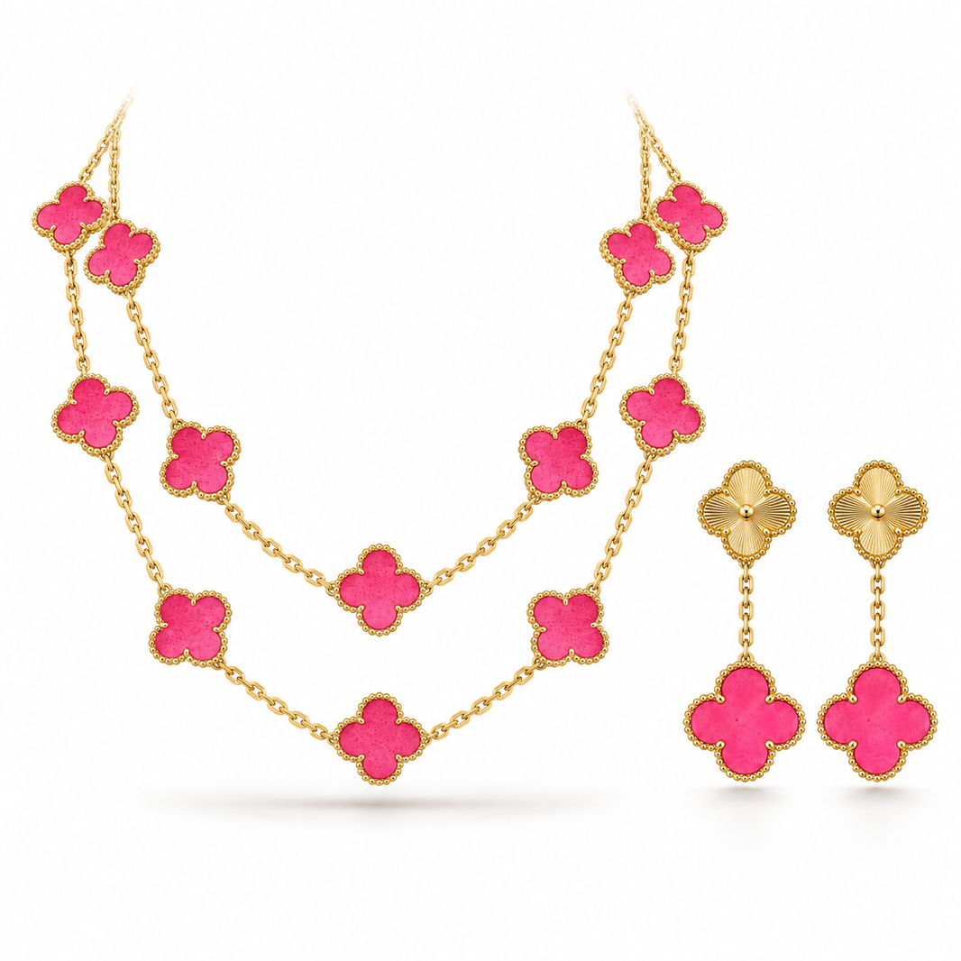 [LoveLucky]Clover Pink Enamel Necklace & Earring Jewelry Set