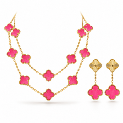 [LoveLucky]Clover Pink Enamel Necklace & Earring Jewelry Set