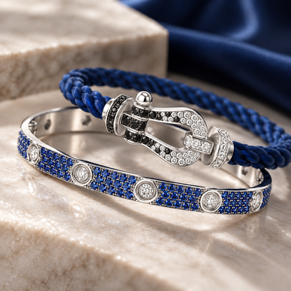 [LoveLucky]Pave Gemstone Love &Force Large Horseshoe Diamond Duo Bracelet Stack Set