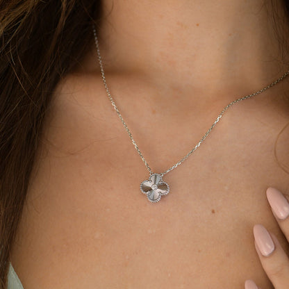 [LUCKY LOVE]CLOVER  15MM DIAMOND LASER NECKLACE SILVER
