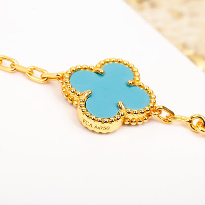 [LUCKY LOVE]CLOVER 5 MOTIF TURQUOISE DIAMOND GOLD BRACELET