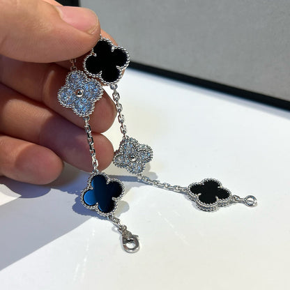 [LUCKY LOVE]CLOVER 5 MOTIF ONYXS DIAMOND BRACELET SILVER