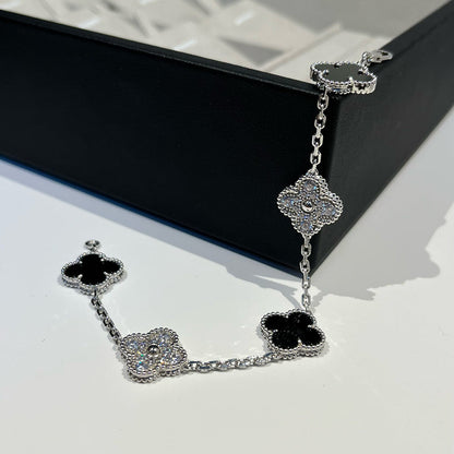 [LUCKY LOVE]CLOVER 5 MOTIF ONYXS DIAMOND BRACELET SILVER