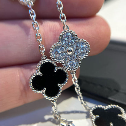 [LUCKY LOVE]CLOVER 5 MOTIF ONYXS DIAMOND BRACELET SILVER