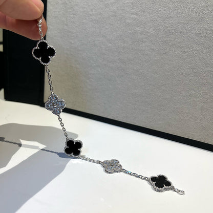 [LUCKY LOVE]CLOVER 5 MOTIF ONYXS DIAMOND BRACELET SILVER
