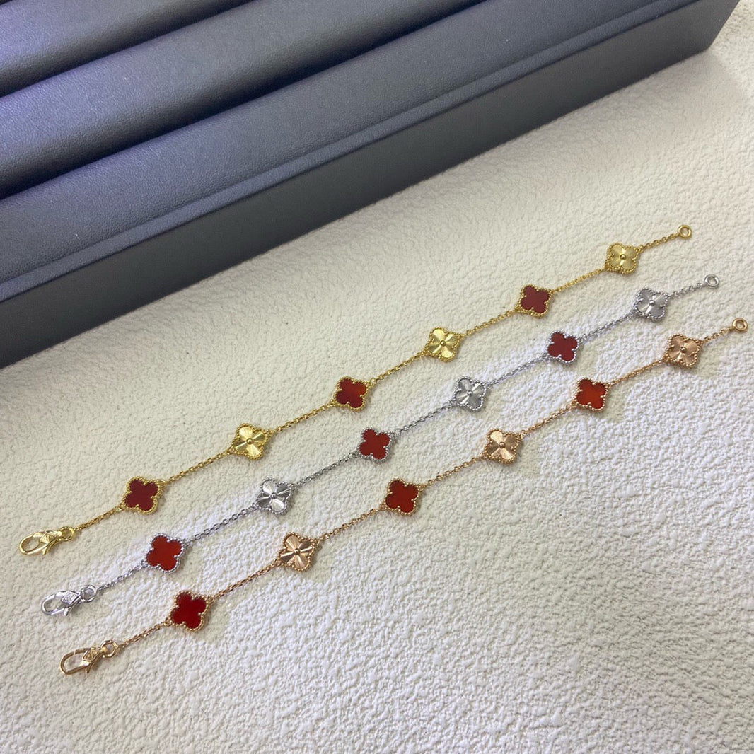 [LUCKY LOVE]CLOVER 6 MOTIF RED AGATE LASER BRACELET