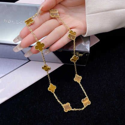 [LUCKY LOVE]CLOVER 10 MOTIFS TIGER EYE NECKLACE