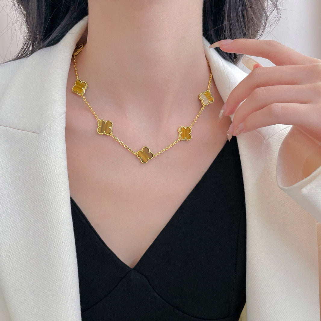 [LUCKY LOVE]CLOVER 10 MOTIFS TIGER EYE NECKLACE