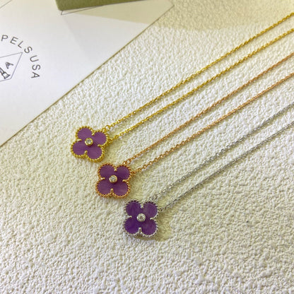 [LUCKY LOVE]CLOVER 15MM DIAMOND  PURPLE VIOLET NECKLACE