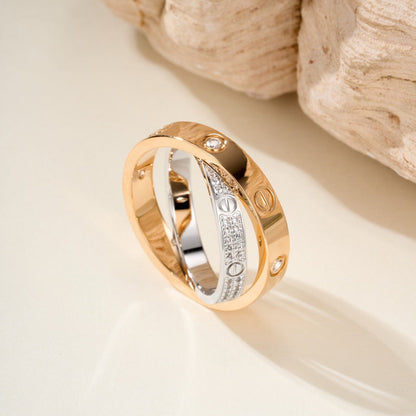 [LUCKY LOVE]LOVE PINK GOLD SILVER DIAMOND DOUBLE RING