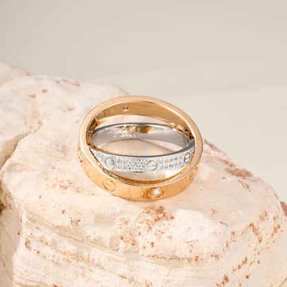[LUCKY LOVE]LOVE PINK GOLD SILVER DIAMOND DOUBLE RING